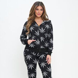 2-Piece Set Leaf Weed Pattern Zip Up Hoodie & Joggers - BLACK/GRAY